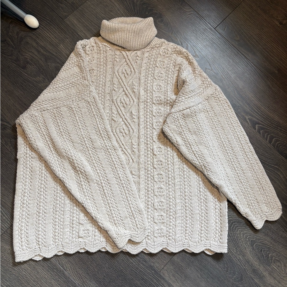 Cozy Cream Cable Knit Turtleneck Sweater scalloped detail